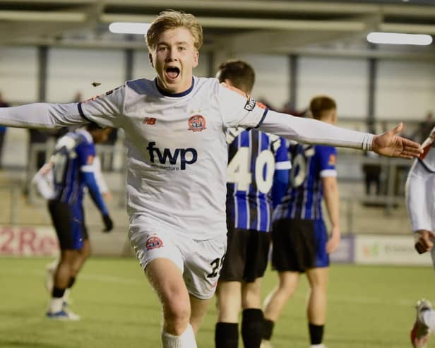 Danny Ormerod celebrates scoring for AFC Fylde in their win over Rochdale AFC on New Year's Day Picture: Steve McLellan
