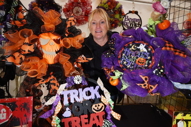 Gill Veeney on Sophie Kate Creates' stall, selling Halloween wreaths and decorations.