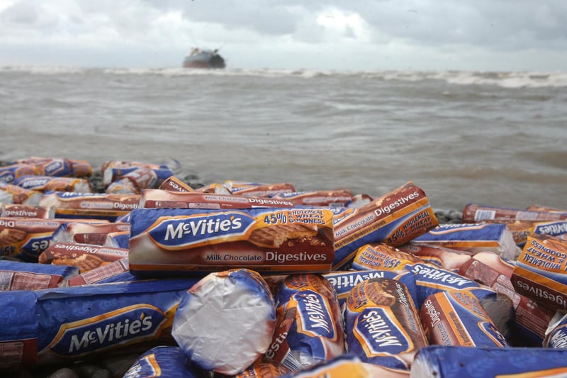 Thousands of packets of McVitie's Chocolate Digestives were some of the of the washed up cargo from the ship