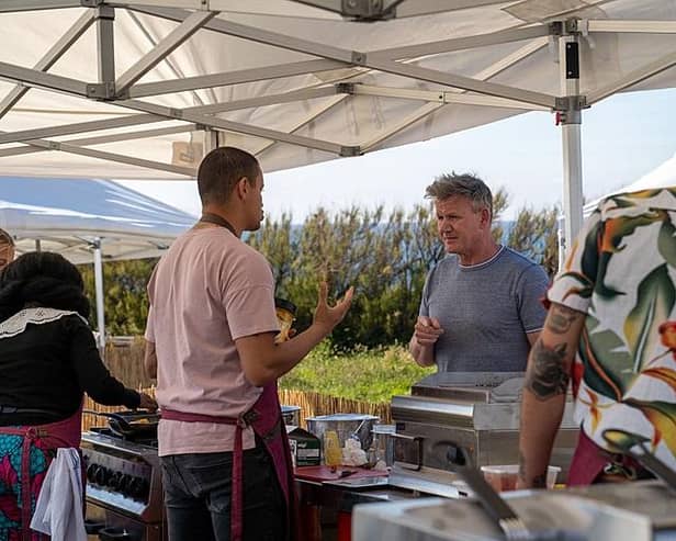 Embargoed for publication until 00:00:01 on Tuesday 22/03/2022 - Picture shows: Gordon Ramsay Bola, Asher & Vincenzo Beach Shack challenge – prep day,Gordon Ramsay,13
