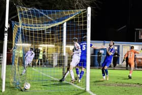 ​Joe Rowley scores AFC Fylde’s winning goal in Tuesday’s top-of-the-table clash at King’s Lynn Town  Picture: STEVE MCLELLAN