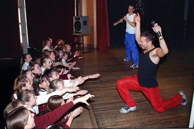 The next three pictures show ecstatic pupils in 1998 when Back 2 Back visited school for a gig