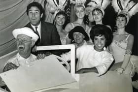 Shirley Bassey pictured during a break in rehearsals for The Big Show of 196" at the Opera House Blackpool. With her are Richard Hearne , Ivor Emmanuel, Tommy Fields and some of the Malcolm Goddard dancers