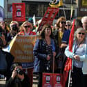 BLACKPOOL - 19-03-22 
Protests of anti-fracking, environment, NHS privitisation, levelling up and other issues at St John's Square, Blackpool, outside the Winter Gardens where the Conservative Party Spring Conference was held