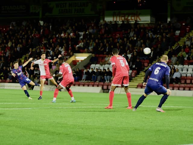 AFC Fylde's Nick Haughton had chances but neither side could break the deadlock at Kidderminster Picture: STEVE MCLELLAN