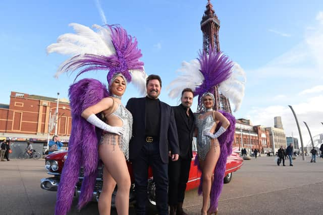 Michael Ball and Alfie Boe launch their new album at Viva Vegas Diner and Bar, Blackpool - as they pose for photographs before a show for fans.  The duo pose with showgirls from Viva