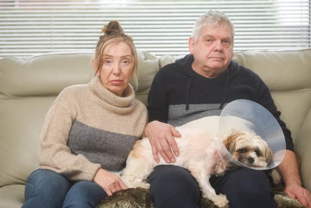 Belinda and Peter Cross with puppy Mica, recovering at home in Bispham.