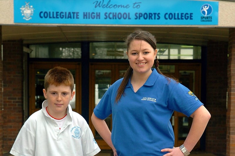 Collegiate High School, Blackpool. Jessica Milnes wearing the new summer uniform and David Green in the old uniform, 2007