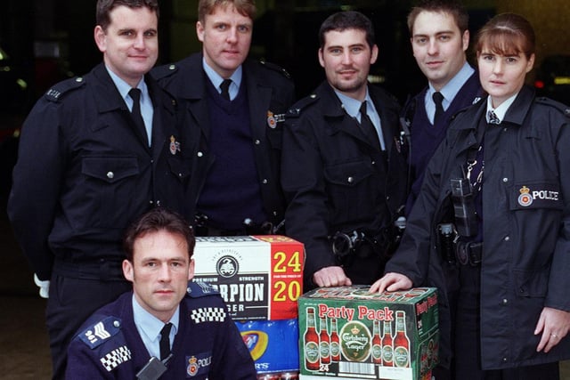 Operation advent at Blackpool police station  recovered more than £10,000 worth of alcohol in 1998. L-R Sgt Dave Butler, Lee Wilson, Mark Summersby, Dave Higham, Simon Green and Kathryn Chantles