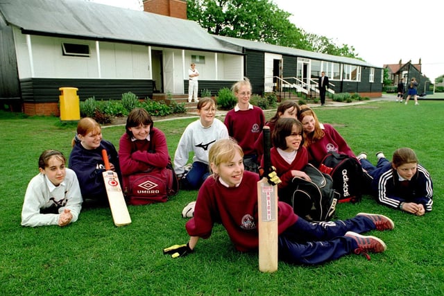 Girls from Montgomery High School waiting to bat at a cricket match in 1997