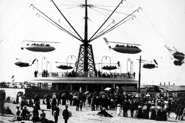 The oldest ride at Blackpool Pleasure Beach, Sir Hiram Maxim's Flying Machine, pictured in 1904