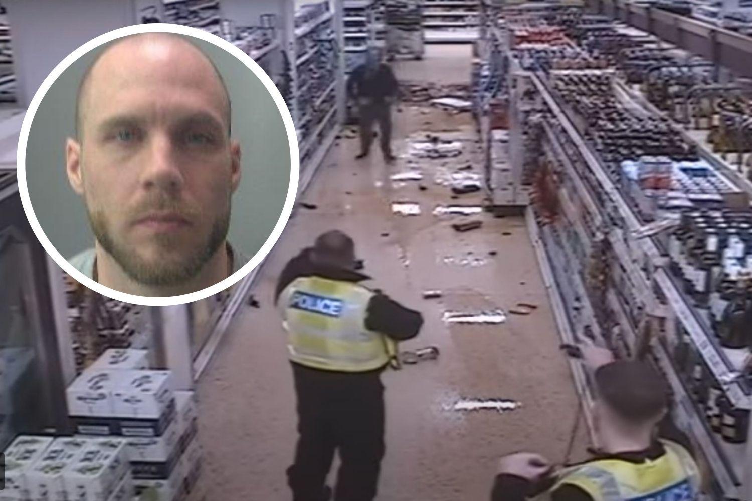 Shocking moment man smashes bottles of alcohol in Tesco store after repeatedly punching staff in the head