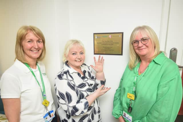 Linda Nolan opens the Macmillan Information and Support Centre at Fleetwood Hospital. She is pictured with Macmillan officer Julie Summers and manager Helen Bright.