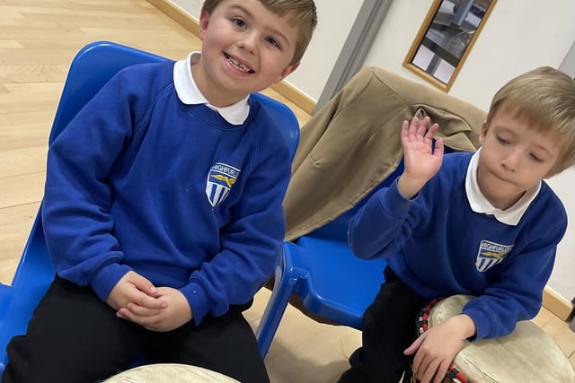 Pupils try African drumming at a workshop organised by Blackpool Music Service