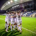 Fylde celebrate after Nick Haughton's penalty sealed victory over Alfreton  Picture: STEVE MCLELLAN