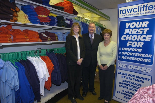 Rawcliffe's School Clothing Birley Street, 2005. Staff L-R: Kathryn Evans, Manager Geoffrey Bradshaw and Margaret Taylor