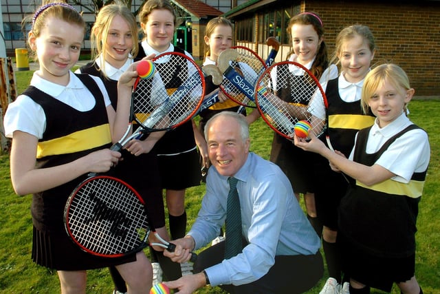 Michael Jack MP for Fylde with pupils and new sports equipment. From left, Phillipa Hunt, Kirsty Fraser, Hannah Smith, Maddie Hall, Sarah Coe, Holly Bain and Charlotte Mayor