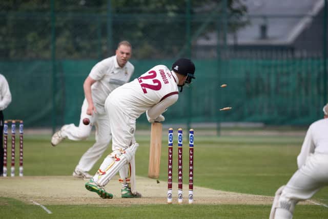 Lytham's Ed Fiddler is bowled out by Spring View's star player Marc Birch