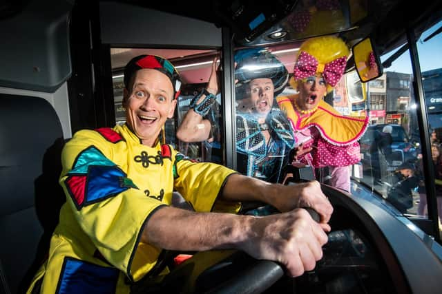 The cast of Grand Theatre's panto Aladdin. Pictured is Steve Royle as Wishee Washee with Tom Lister as Abanazar and Ben Harlow as Widow Twankey