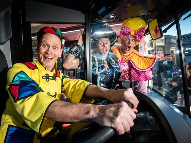 The cast of Grand Theatre's panto Aladdin. Pictured is Steve Royle as Wishee Washee with Tom Lister as Abanazar and Ben Harlow as Widow Twankey