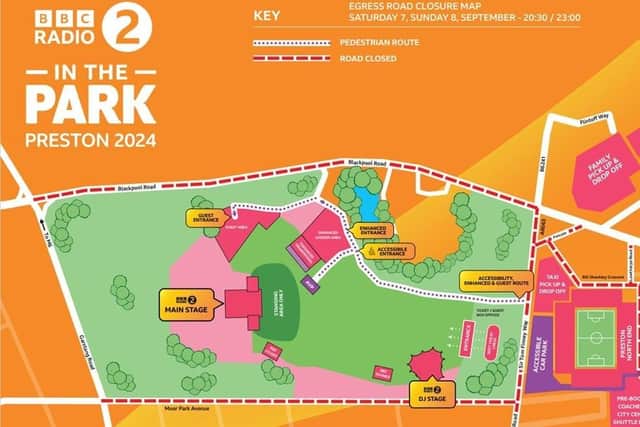 A map of what to expect for the event at Moor Park, with key travel sites.