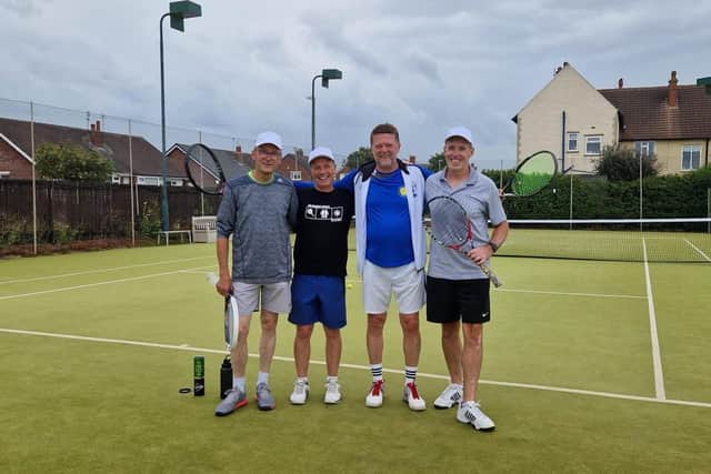 St Annes Tennis Club hosted visitors from Germany as part of its long-standing twinning arrangement with the town of Werne.
Pictured Ian McGuinness and Michael Ledford with Bernd Scholle and Vinnie Luekel