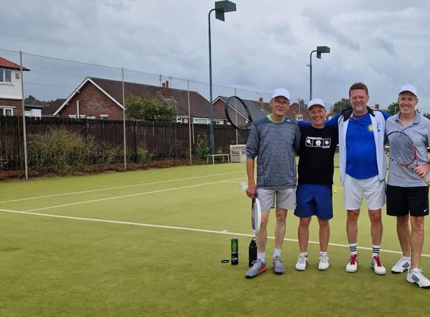 St Annes Tennis Club hosted visitors from Germany as part of its long-standing twinning arrangement with the town of Werne.
Pictured Ian McGuinness and Michael Ledford with Bernd Scholle and Vinnie Luekel