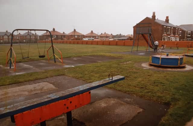 This was Highfield Road playground in 1993. On the back of the photo it was described as a 'death trap' and was ready for a full restoration.