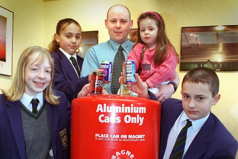 Pupils at Highfield School were helping Keep Blackpool Tidy, thanks to their site manager Kevin Cartmell's aluminium cans re-cycling project. Pic L-R: Lisa Roper (11), Rebecca Brown (12), Kevin with daughter Amy Jade, and Lee Collinson (12)