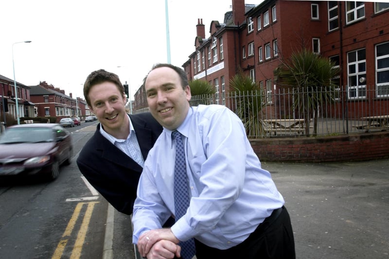Blackpool Borough Council Policy Officer Graham Pollard (left) and head teacher of Revoe Community Primary school Graeme Dow in 2004. They were concerned about traffic outside the school