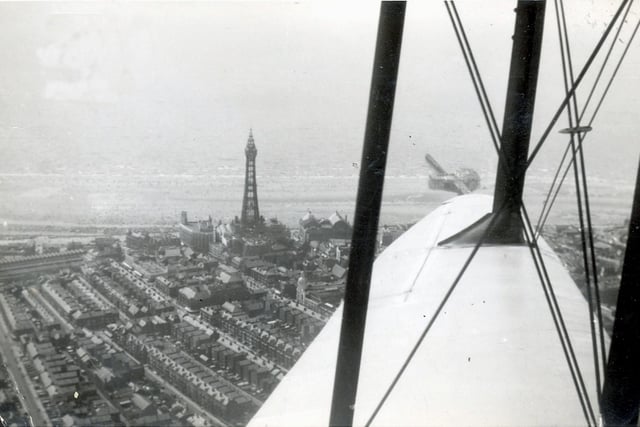 A view above Blackpool in 1953 during the pleasure flight by George Butterworth. The Palace, next to the Tower, is long demolished and Central Station has also disappeared. But the rows of holiday accommodation are still there