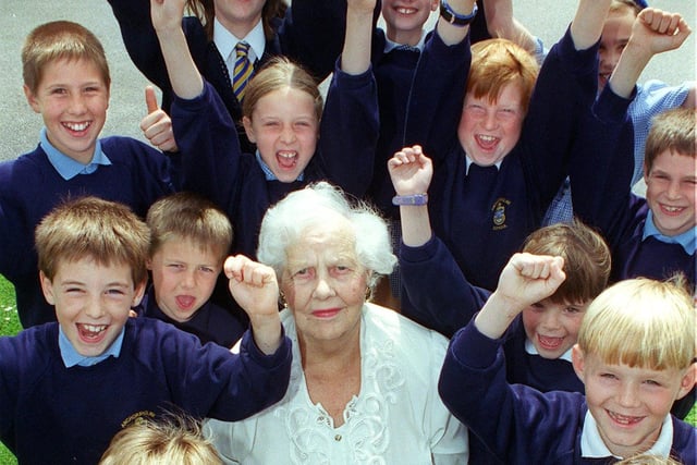 Head of Governors at Anchorsholme CP School, Mary Oakes, hadbeen awarded an MBE in the Honours List for her work in education. This photo shows pupils from every year in the school cheering her honour