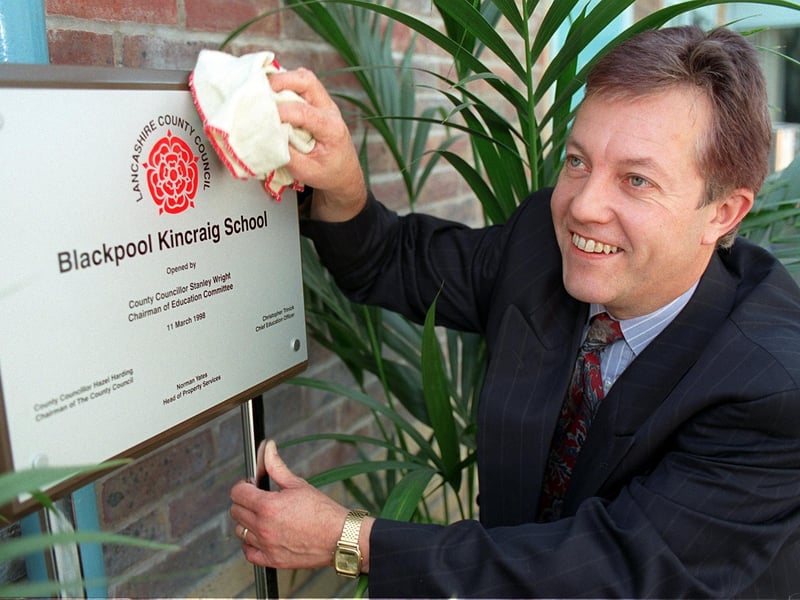Kincraig Primary School headteacher Graham Thornton gives a quick polish to their official opening plaque in 1998
