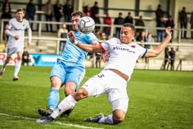 Douglas Taylor deserved to crown his impressive home debut for AFC Fylde against Farsley with a goal Picture: STEVE MCLELLAN