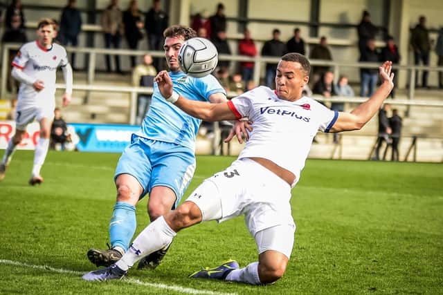 Douglas Taylor deserved to crown his impressive home debut for AFC Fylde against Farsley with a goal Picture: STEVE MCLELLAN