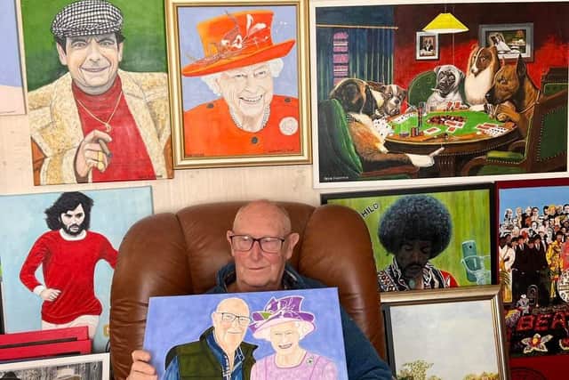 Frank Fineman with paintings including pictures of Del Boy Trotter, George Best and The Queen.