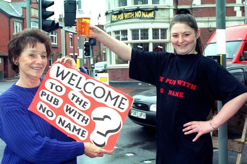 George Hotel landlady Margaret Campbell and barmaid Debbie Parsley celebrate the un-naming of the pub, 1997