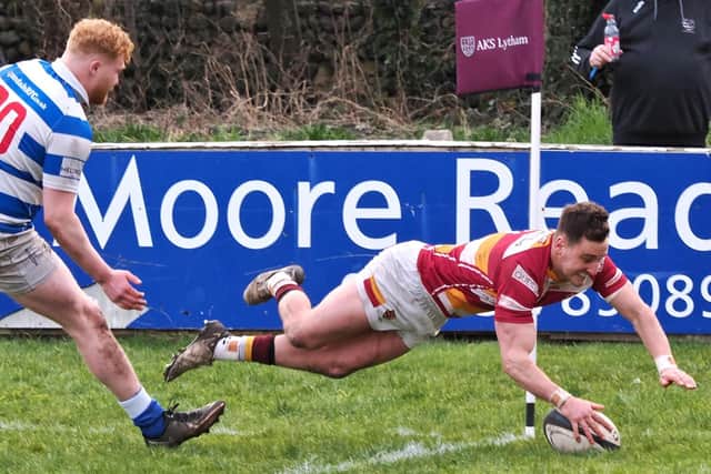 Adam Lanigan touches down for one of Fylde's five tries against Tynedale at the Woodlands Picture: Chris Farrow/Fylde RFC
