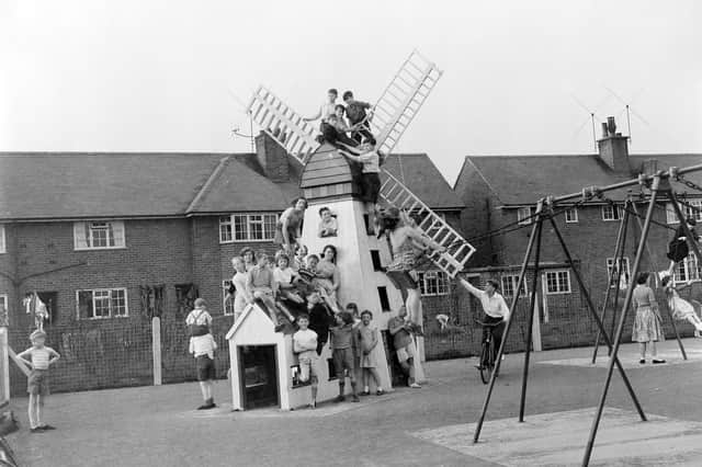 Children enjoying a fabulous new playground on Bowness Avenue, Mereside, 1959