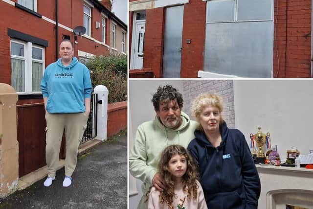Left: Danielle Caton, Right (lower): Damien and Joanne Dinsmore with their daughter Ruby. Residents on Henry Street in Blackpool are being made homeless to make way for a new stand at the football stadium.