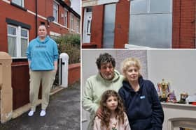 Left: Danielle Caton, Right (lower): Damien and Joanne Dinsmore with their daughter Ruby. Residents on Henry Street in Blackpool are being made homeless to make way for a new stand at the football stadium.