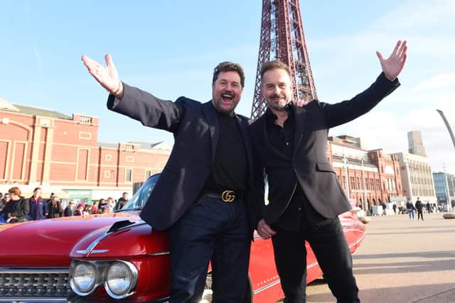 Michael Ball and Alfie Boe launch their new album at Viva Vegas Diner and Bar, Blackpool - as they pose for photographs before a show for fans. The duo are shown in front of the famous Blackpool Tower