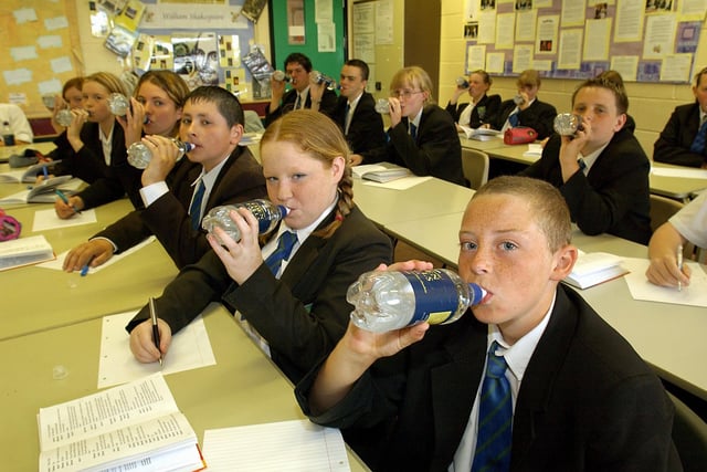 Free water for pupils of St Mary's Catholic High School, Blackpool. Sam Grimes (right) and Year Nine classmates