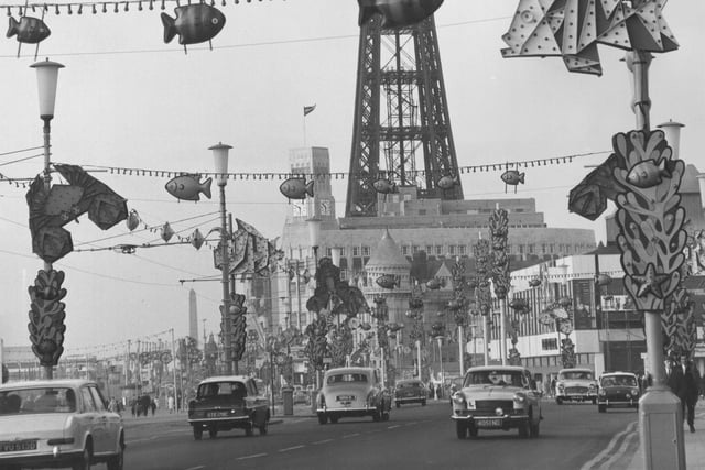 Street decorations, with images of fish, crabs and seaweed, in Blackpool
