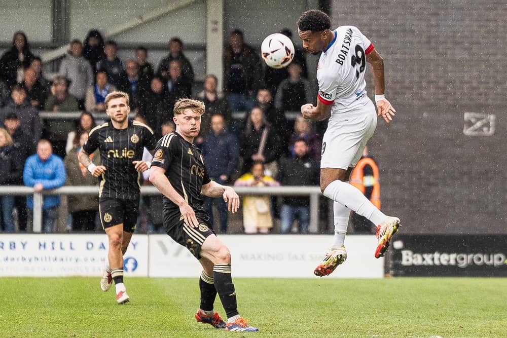 AFC Fylde's Ashley Boatswain in aerial action during their defeat to FC Halifax Town Picture: AFC Fylde