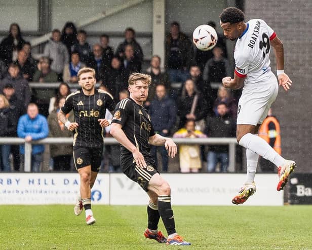 AFC Fylde's Ashley Boatswain in aerial action during their defeat to FC Halifax Town Picture: AFC Fylde