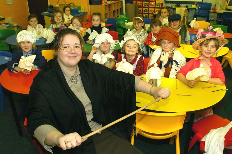 Victorian Day at Christ the King Catholic Primary School, Grange Park. Year Two teacher Katy Tyler (who organised the day) and her class dressed in Victorian Costume