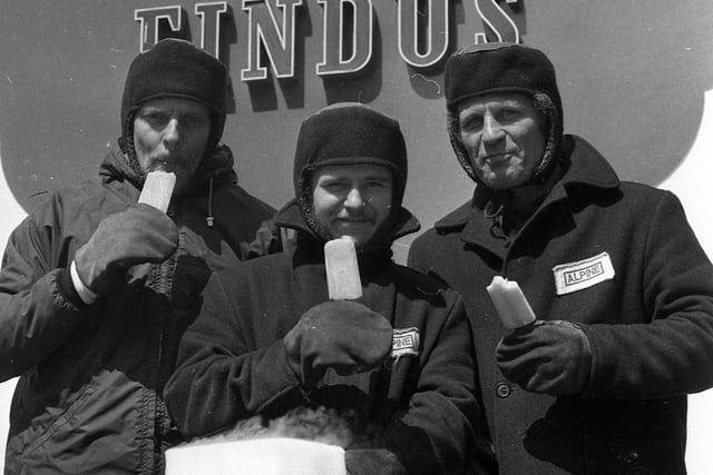 They look dressed for winter but these guys worked in cold conditions at Lyons Maid to keep the ice-lollies flowing in Blackpool on 28 June 1976