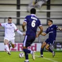 Charley Jolley pulls the trigger to score Fylde's first goal of the game (photo: Steve Mcllelan/AFC Fylde)