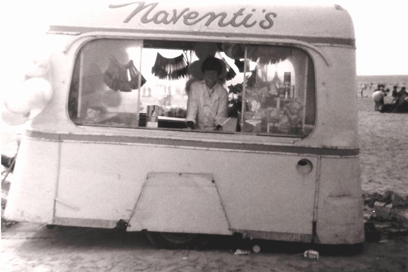 The teapot mobile cafe on Blackpool beach - by now minus the handle, spout and lid!  Simon Tate is serving up ice creams in the early 1970s